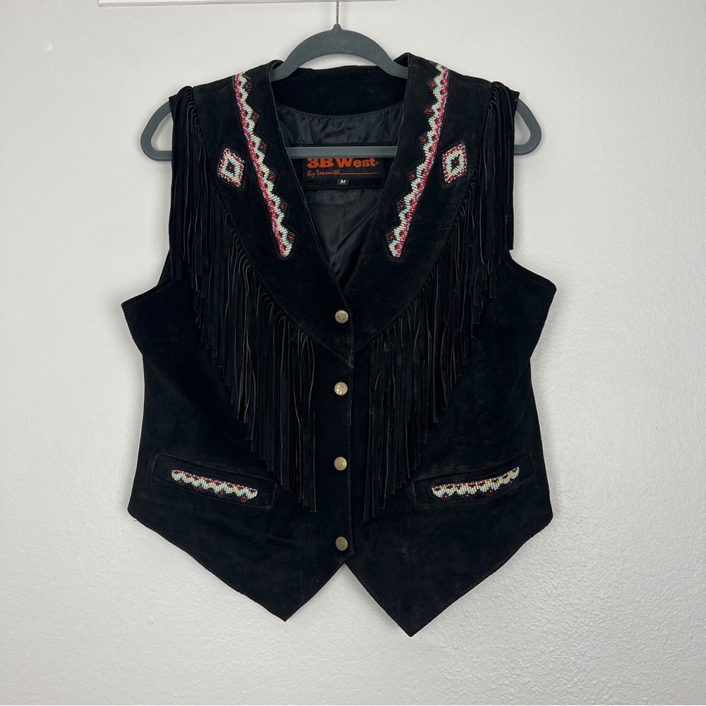 Black Suede Fringe Vest with Embroidered Trim